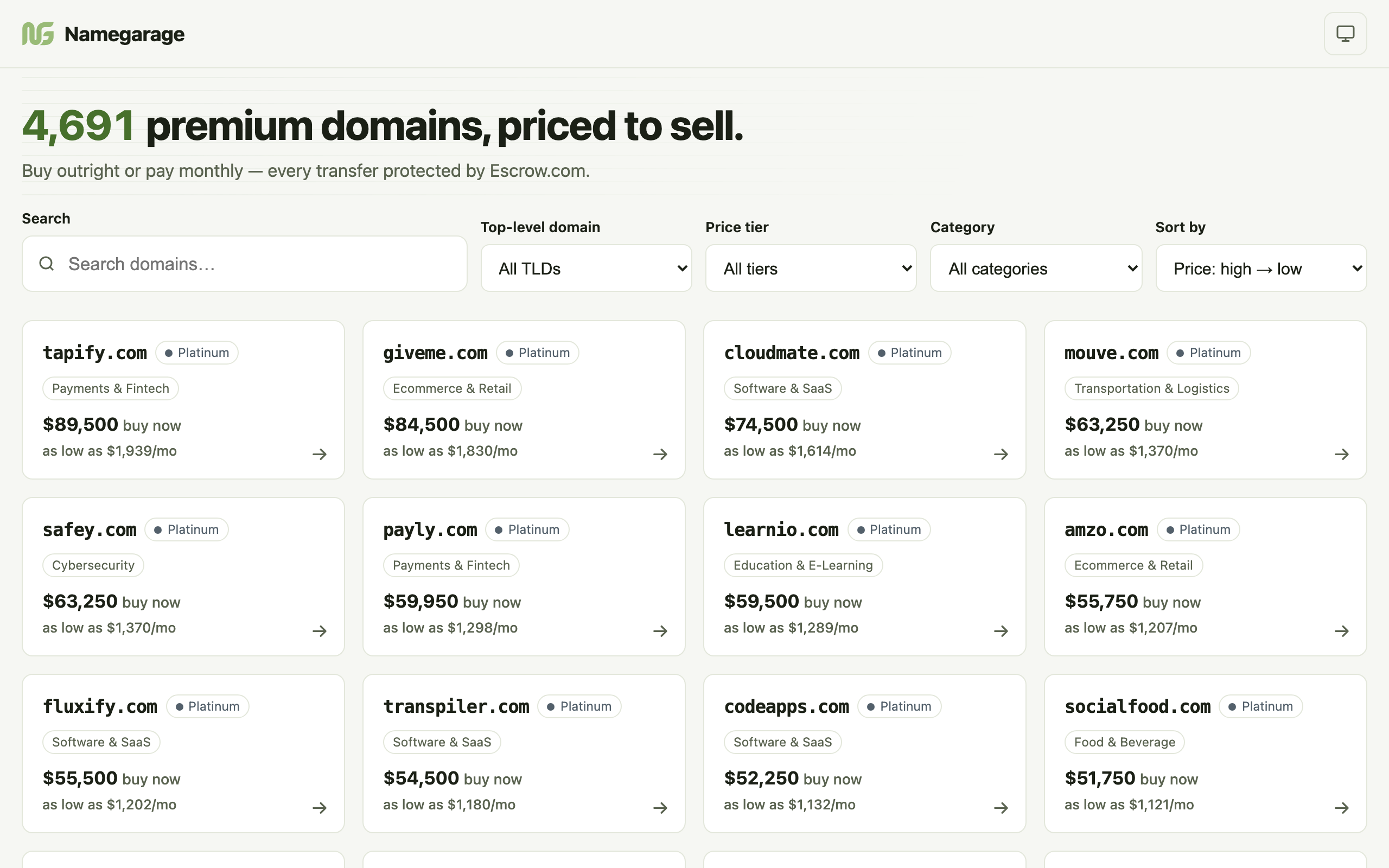 The Namegarage catalog: search, TLD, price-tier and category filters above a grid of domain cards, each with a Buy Now price and a monthly figure