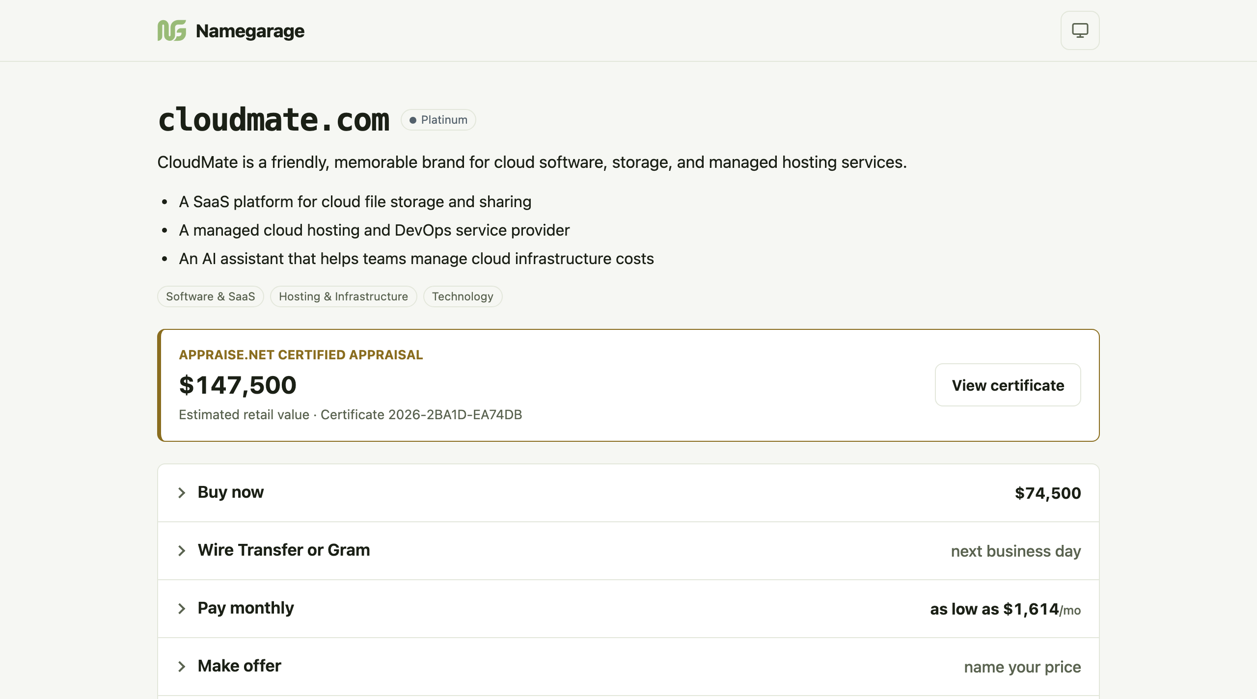 A domain page: the name and tier, a short pitch with concrete uses, an independent certified appraisal, and the purchase options — Buy now, Wire Transfer or Gram, Pay monthly, Make offer